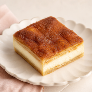 Sopapilla cheesecake bar on a cream scalloped plate