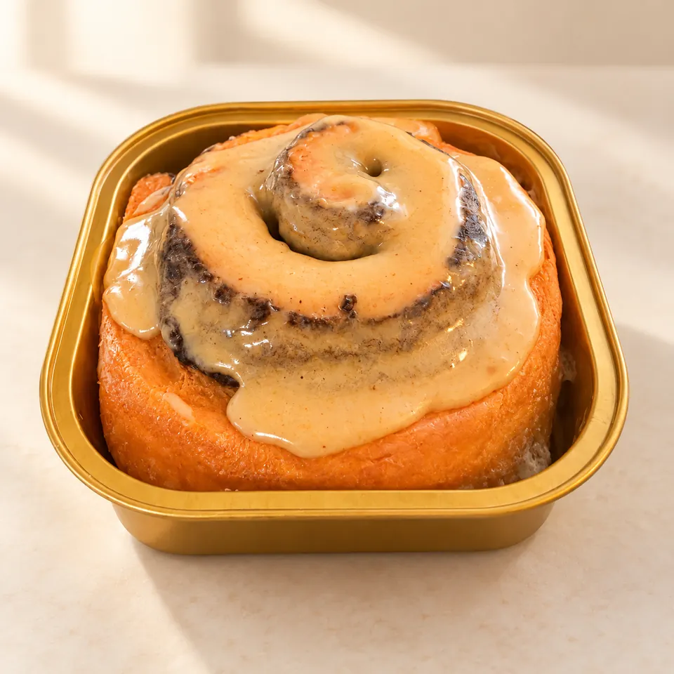One of Jenn’s pumpkin pie cinnamon rolls with frosting in a gold tray; sold by the 8-count pan
